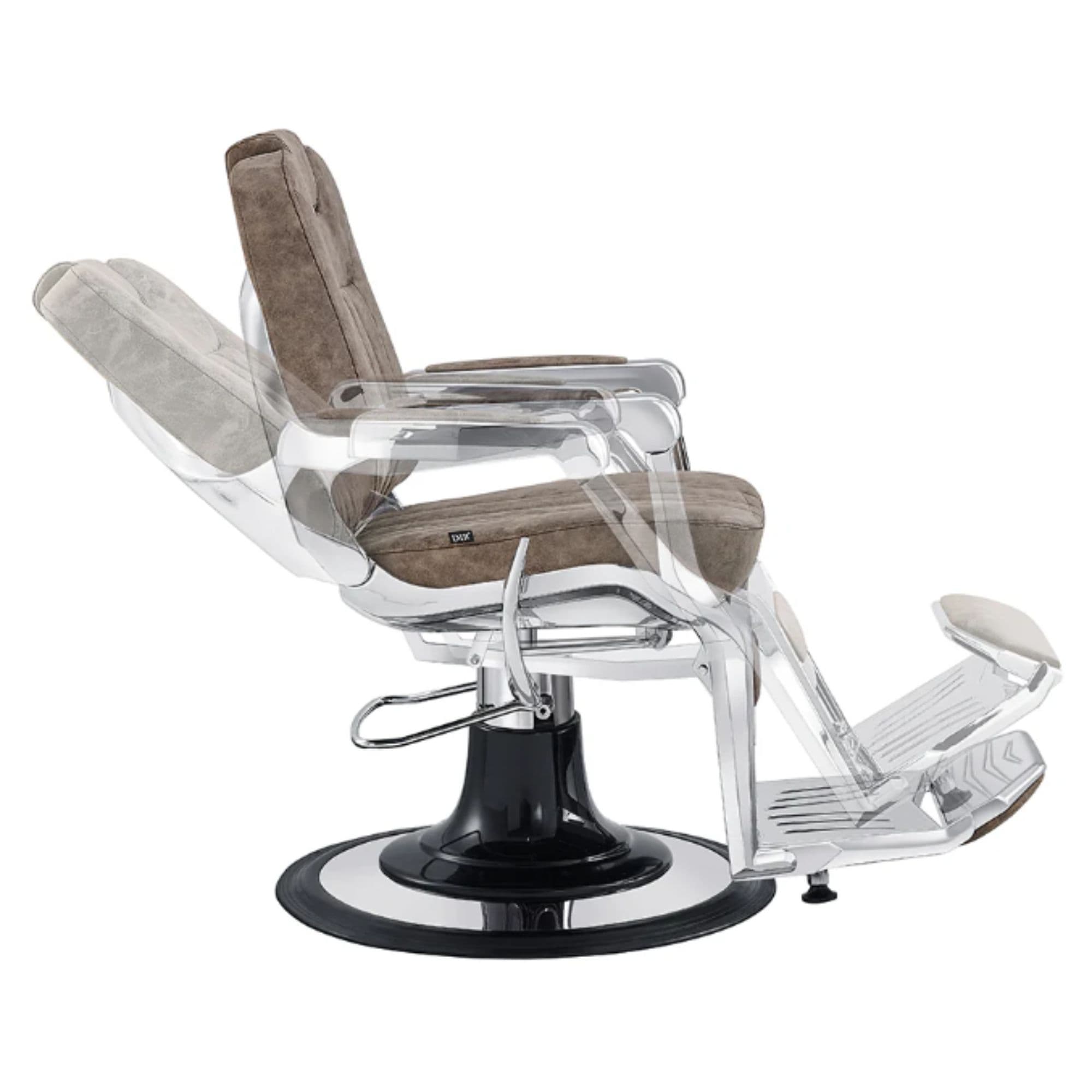 DIR Esquire Reclining Barber Chairs Vintage Brown Variant Side View Demonstrating Swing Adjustment On White Background
