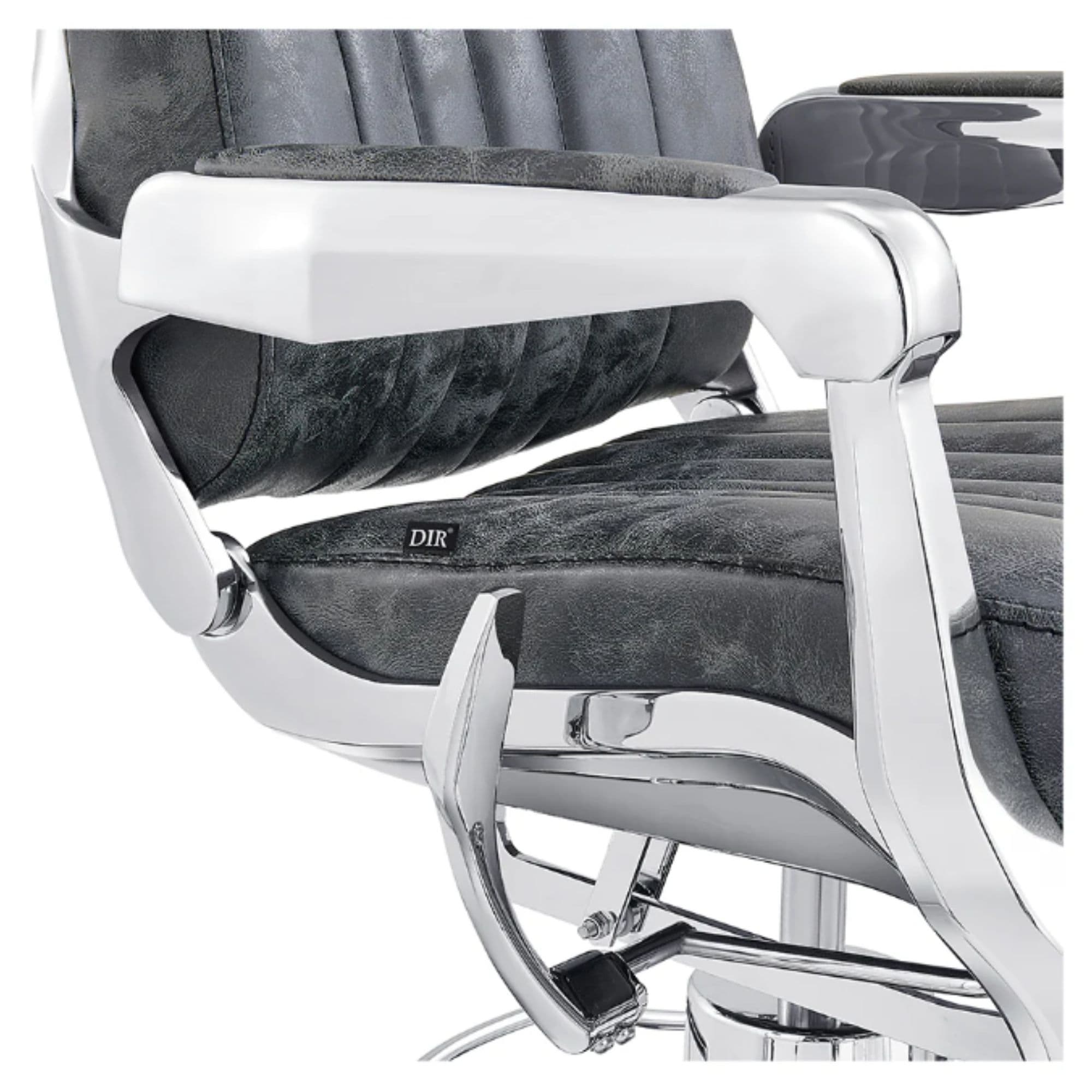 DIR Esquire Reclining Barbershop Chair Close-Up View Of Decorative Metallic Gold Armrest Support And Vintage Black Upholstered Seat