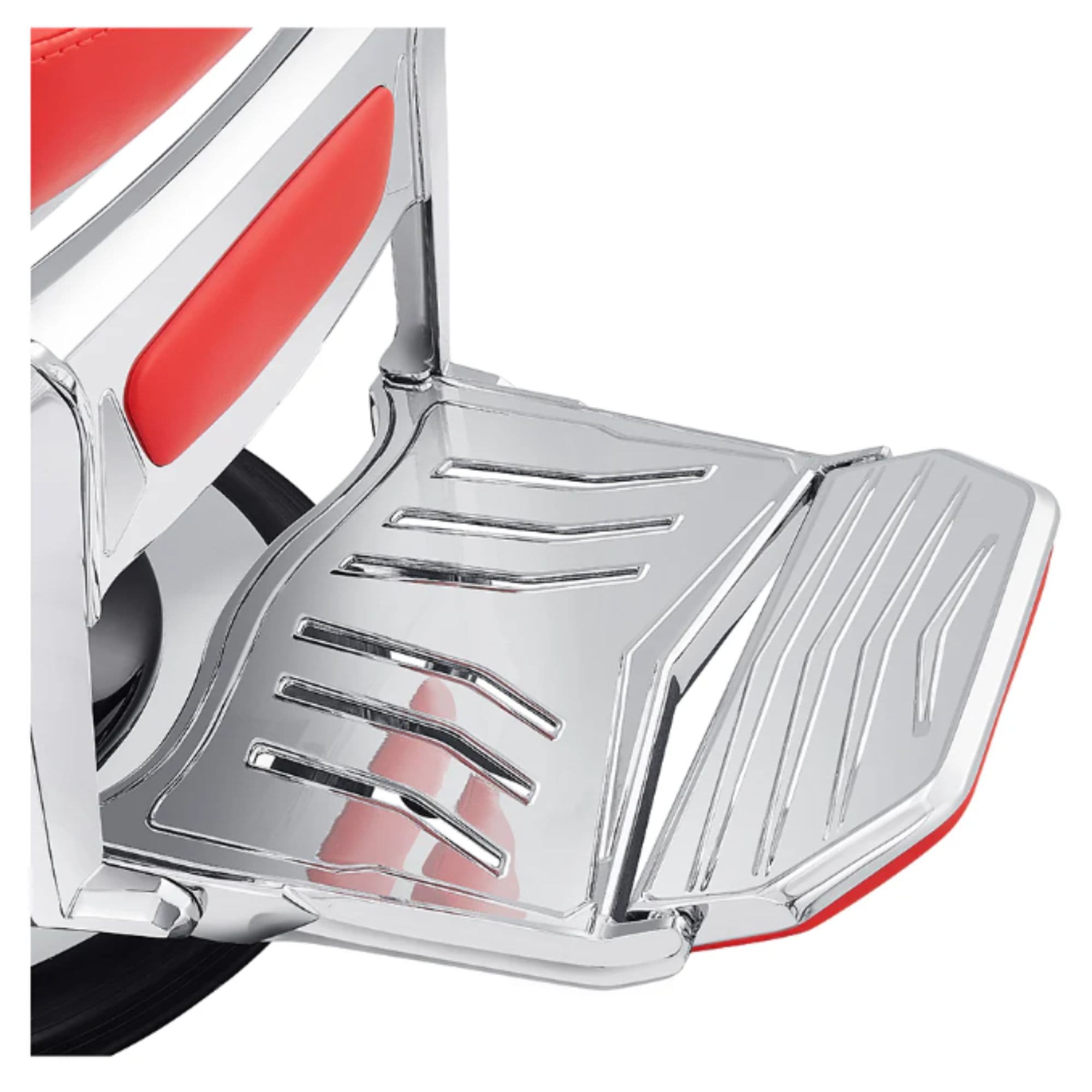 DIR Esquire Reclining Barbershop Chair Red Variant With Close-Up View Of Footrest Platform On White Background