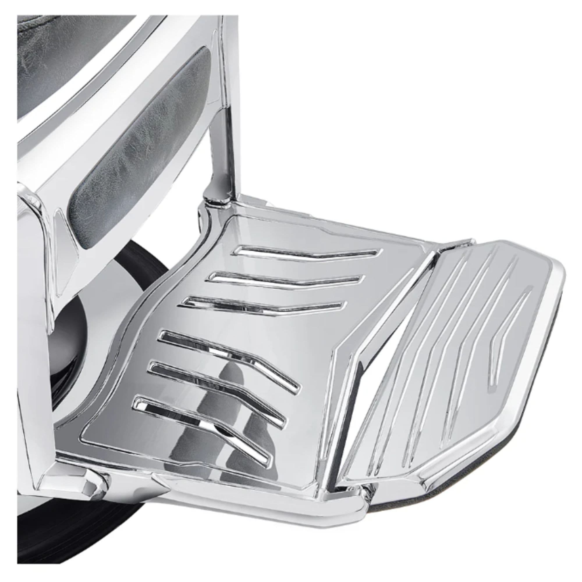 DIR Esquire Reclining Barbershop Chair Vintage Black Variant With Close-Up View Of Footrest Platform On White Background