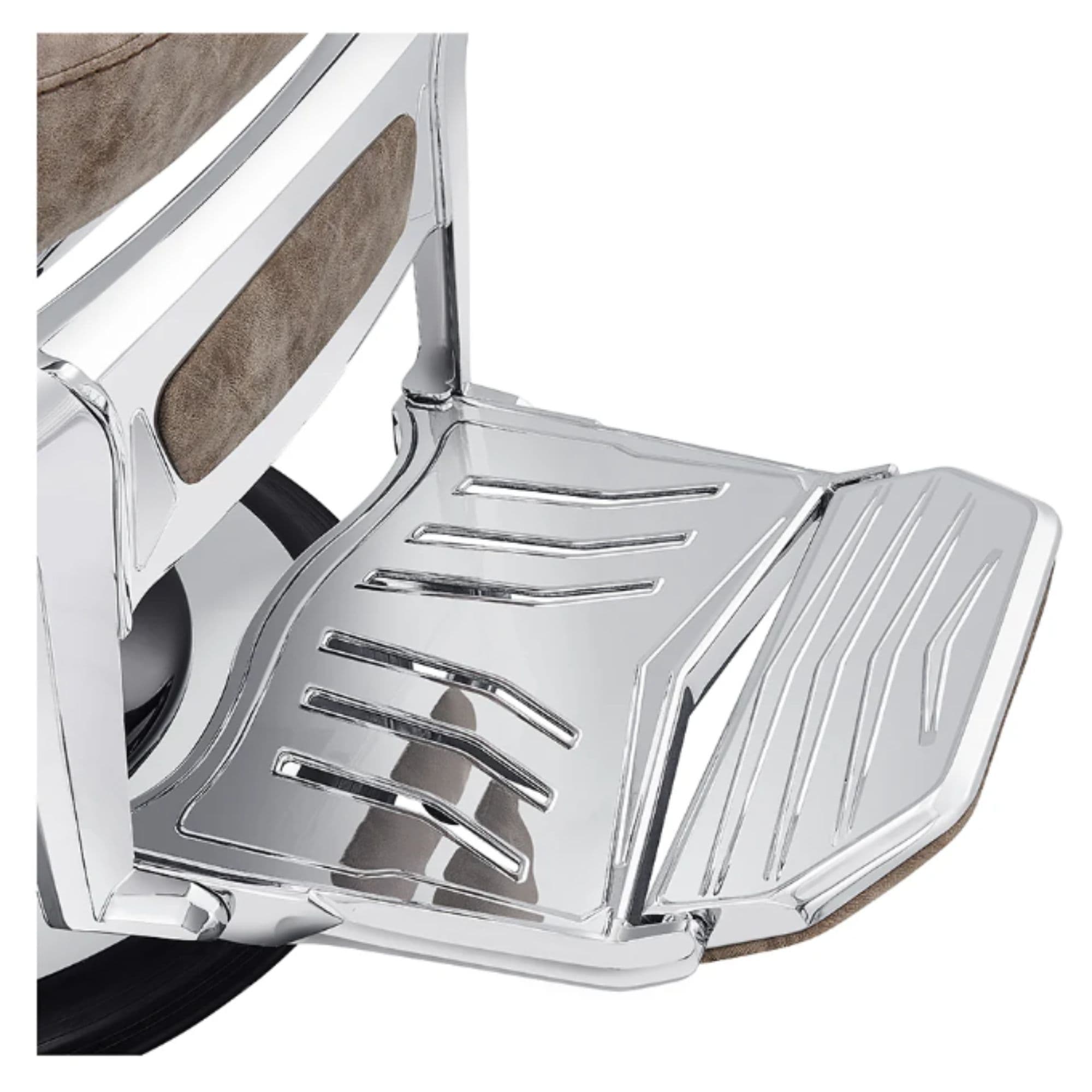 DIR Esquire Reclining Barbershop Chair Vintage Brown Variant With Close-Up View Of Footrest Platform On White Background