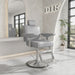 DIR Executive All Purpose Reclining Chair Gray Variant Front Angled View With Glass Windows Reflected In The Mirror And Potted Plants In The Background