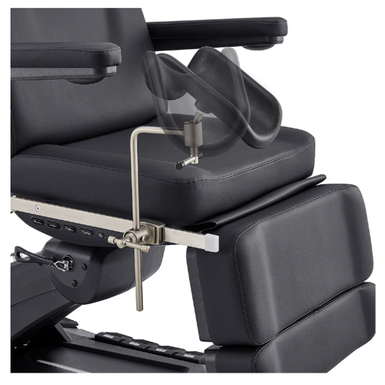 DIR Geneva 4-Motor Gynecology Exam Table Black Close-Up View Of Pivoting Stirrup Support Adjustment