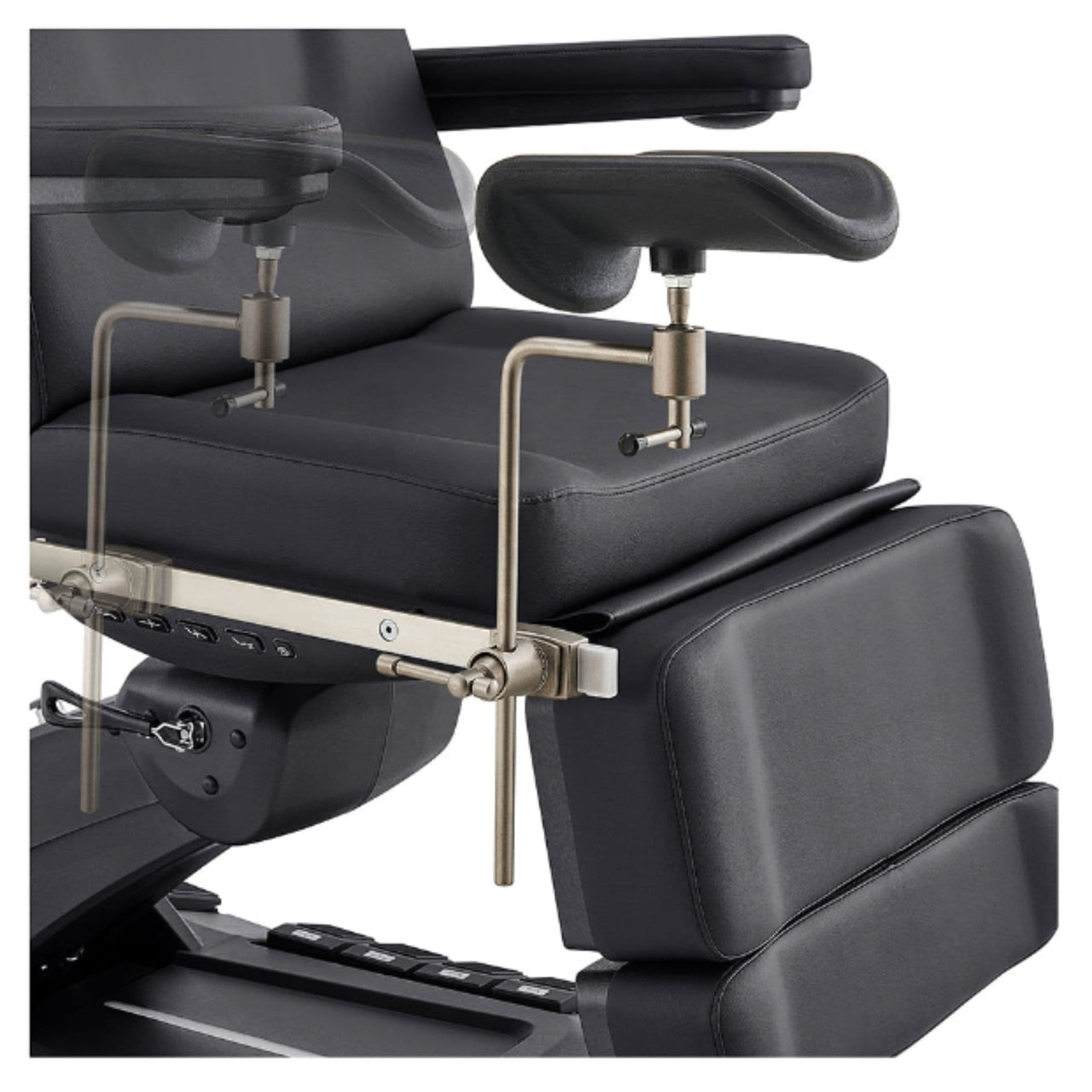 DIR Geneva 4-Motor Gynecology Exam Table Black Close-Up View Showing Adjustable Stirrup Width Positions On White Background