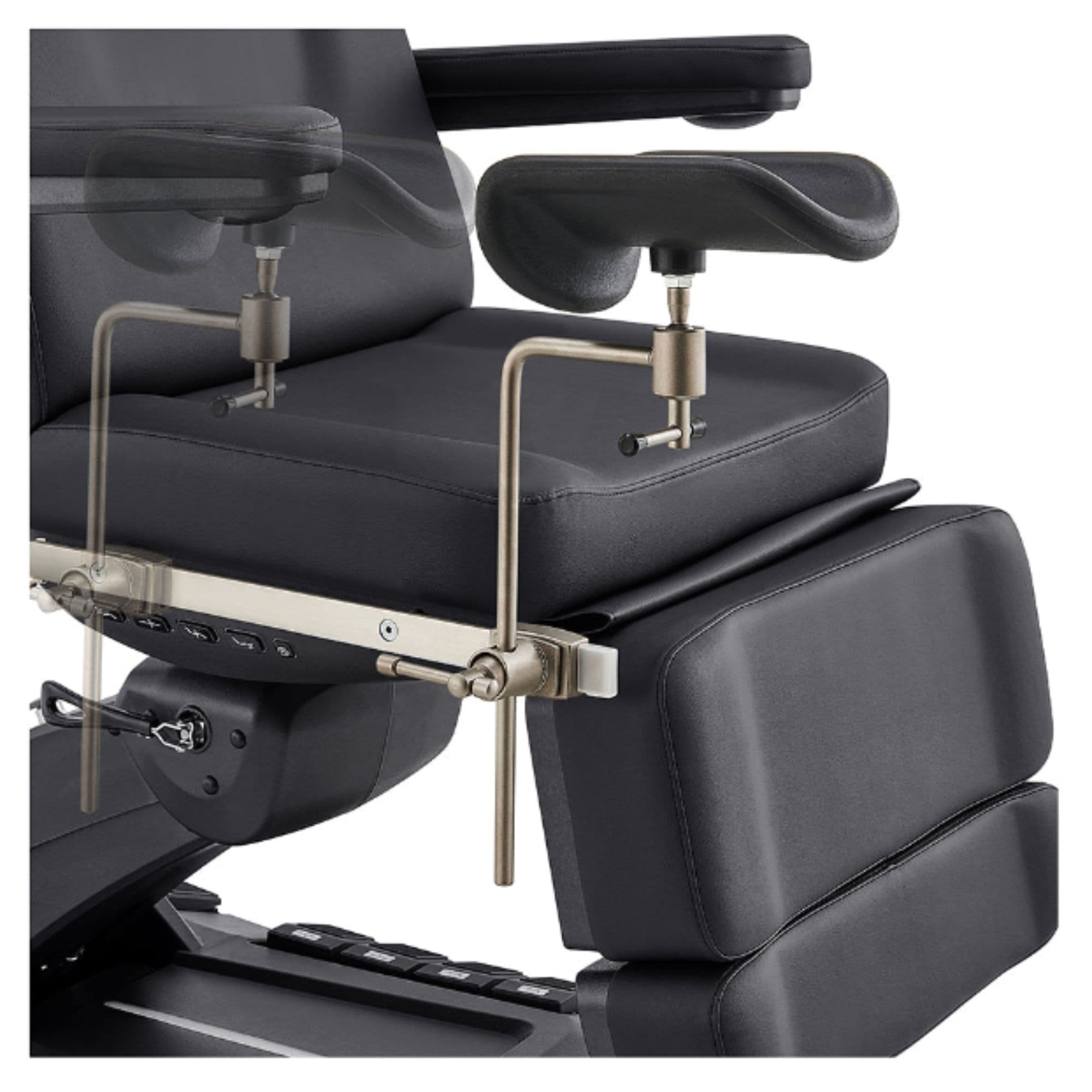 DIR Geneva 4-Motor Gynecology Exam Table Black Close-Up View Showing Adjustable Stirrup Width Positions On White Background