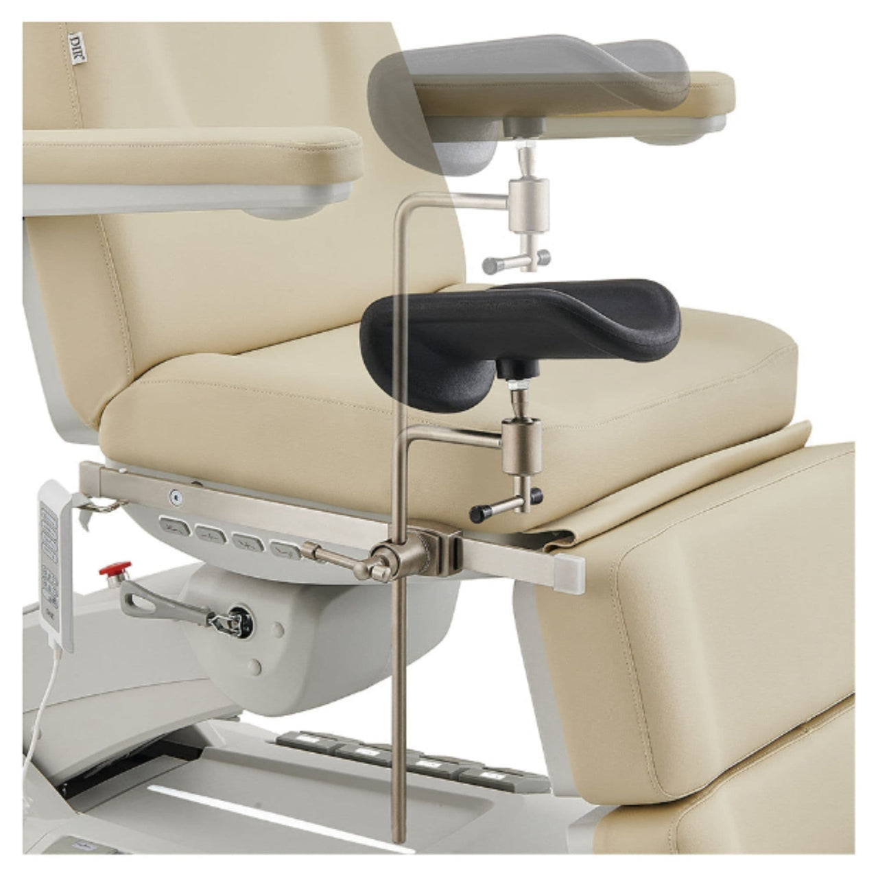 DIR Geneva 4-Motors Exam Table with Stirrups - OB GYN Beige Close-Up View Showing Adjustable Stirrup Positions On White Background
