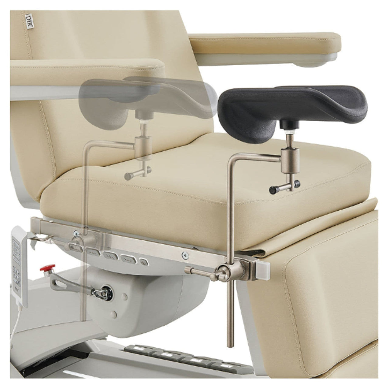 DIR Geneva 4-Motors Exam Table with Stirrups - OB GYN Beige Close-Up View Showing Adjustable Stirrup Width Positions On White Background