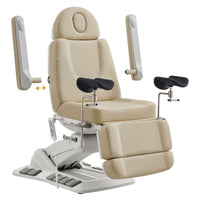 Thumbnail for DIR Geneva 4-Motors Exam Table with Stirrups - OB GYN Beige Front Angled View Showing Adjustable Armrest Positions On White Background