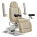 DIR Geneva 4-Motors Exam Table with Stirrups - OB GYN Beige Front Angled View Showing Adjustable Armrest Positions On White Background