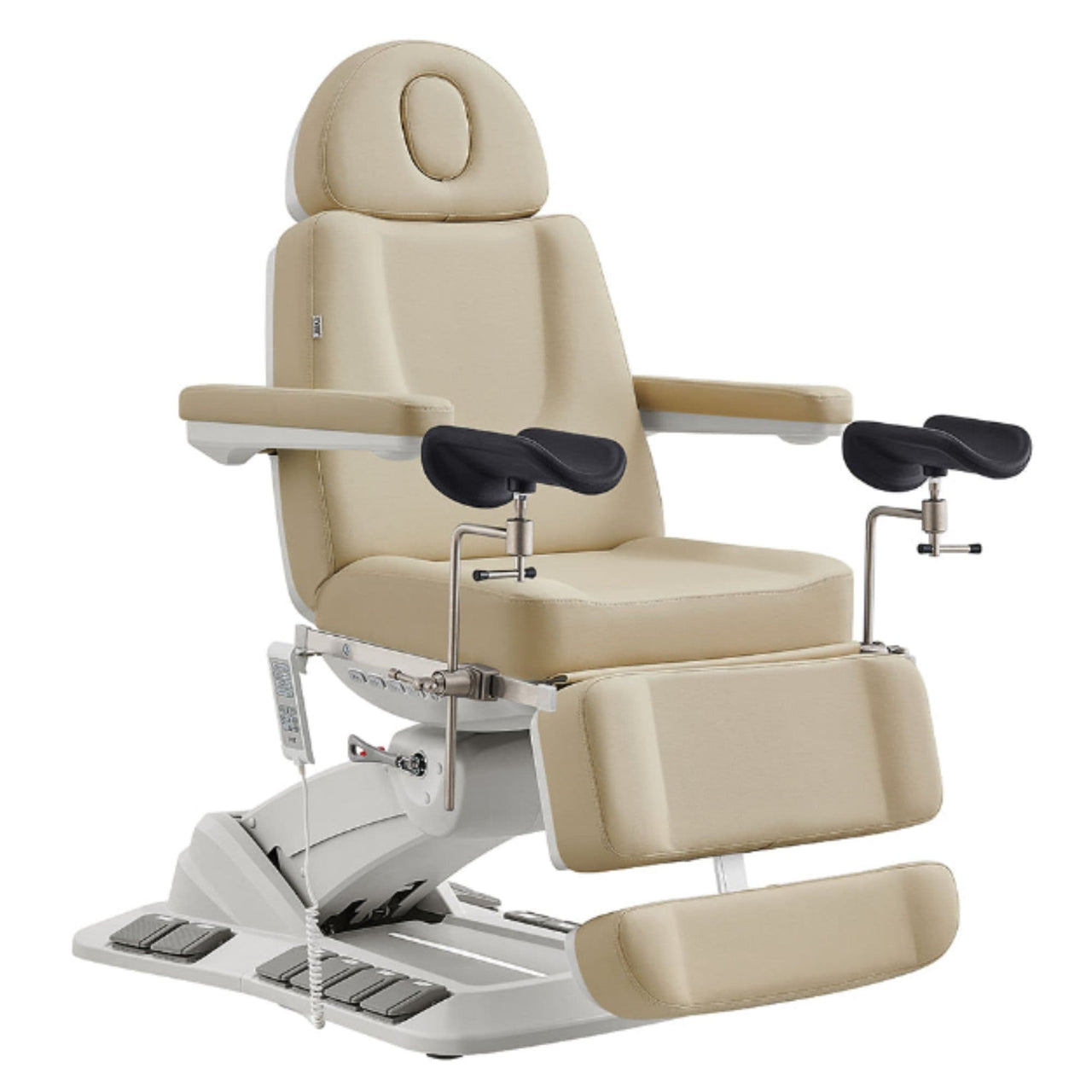 DIR Geneva 4-Motors Exam Table with Stirrups - OB GYN Beige Front Angled View Showing Extended Footrest On White Background