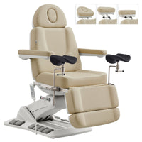 Thumbnail for DIR Geneva 4-Motors Exam Table with Stirrups - OB GYN Beige Front Angled View With Adjustable Headrest And Stirrups On White Background