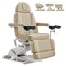 DIR Geneva 4-Motors Exam Table with Stirrups - OB GYN Beige Front Angled View With Adjustable Headrest And Stirrups On White Background