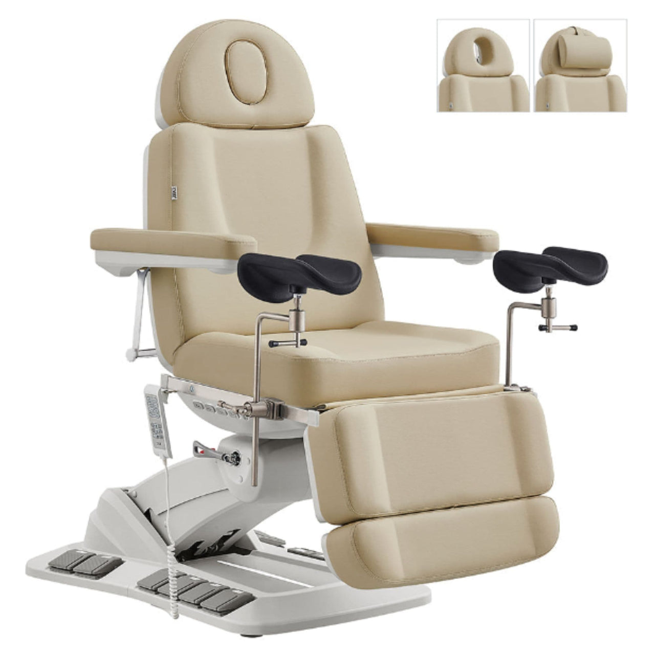 DIR Geneva 4-Motors Exam Table with Stirrups - OB GYN Beige Front Angled View With Adjustable Stirrups And Foot Controls On White Background