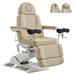 DIR Geneva 4-Motors Exam Table with Stirrups - OB GYN Beige Front Angled View With Adjustable Stirrups And Foot Controls On White Background