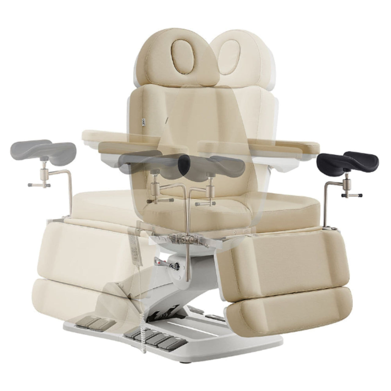 DIR Geneva 4-Motors Exam Table with Stirrups - OB GYN Beige Front View With Swivel Rotation Demonstration On White Background
