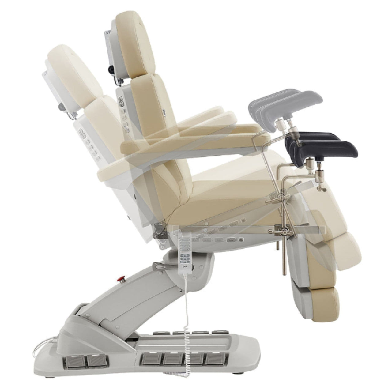 DIR Geneva 4-Motors Exam Table with Stirrups - OB GYN Beige Side View Demonstrating Chair And Stirrup Adjustment Positions On White Background