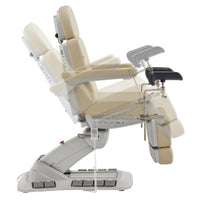 Thumbnail for DIR Geneva 4-Motors Exam Table with Stirrups - OB GYN Beige Side View Demonstrating Chair And Stirrup Adjustment Positions On White Background
