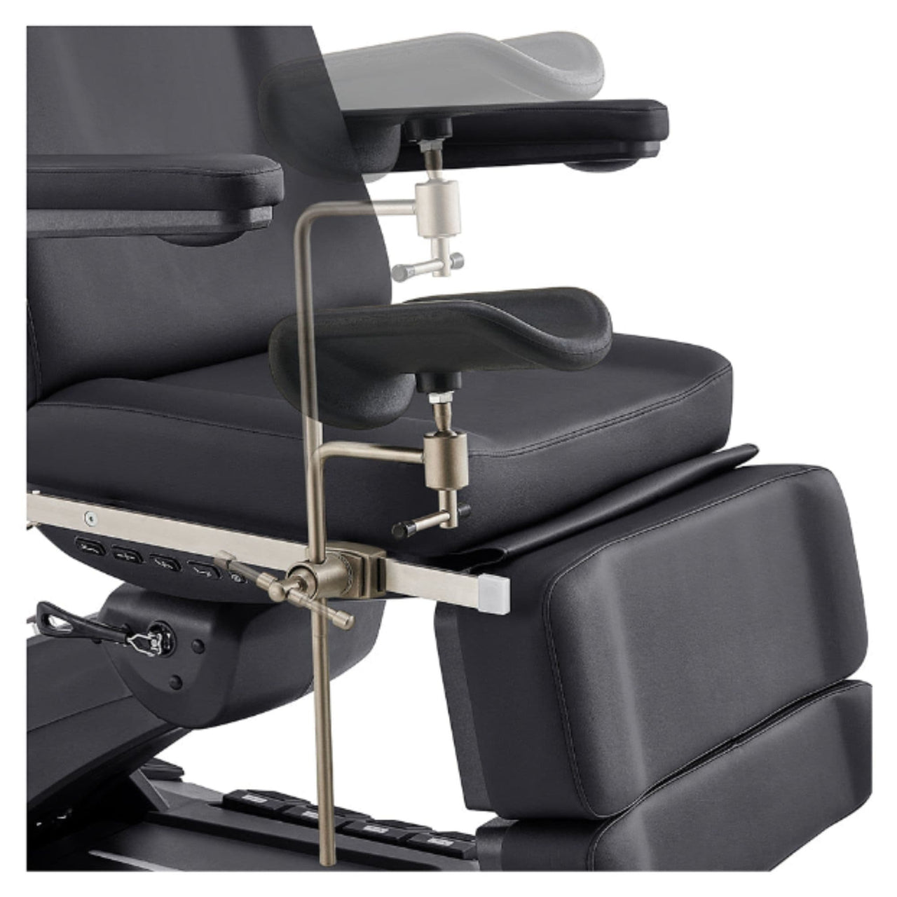 DIR Geneva 4-Motors Exam Table with Stirrups - OB GYN Black Close-Up View Showing Adjustable Stirrup Positions On White Background