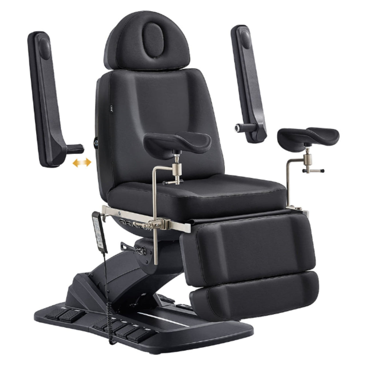 DIR Geneva 4-Motors Exam Table with Stirrups - OB GYN Black Front Angled View Showing Adjustable Armrest Positions On White Background