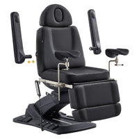 Thumbnail for DIR Geneva 4-Motors Exam Table with Stirrups - OB GYN Black Front Angled View Showing Adjustable Armrest Positions On White Background