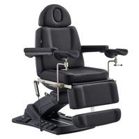 Thumbnail for DIR Geneva 4-Motors Exam Table with Stirrups - OB GYN Black Front Angled View Showing Extended Footrest On White Background