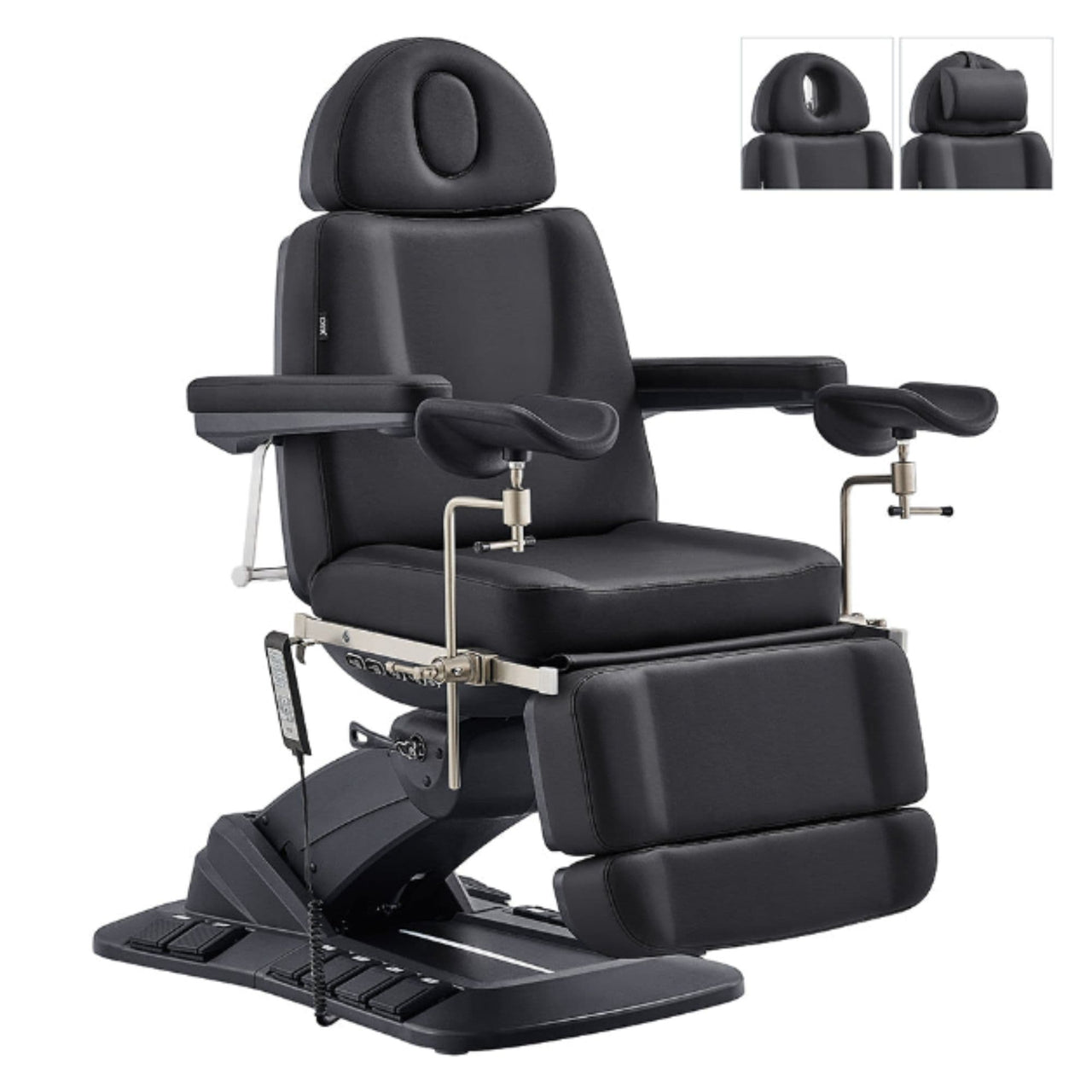 DIR Geneva 4-Motors Exam Table with Stirrups - OB GYN Black Front Angled View With Adjustable Stirrups And Foot Controls On White Background