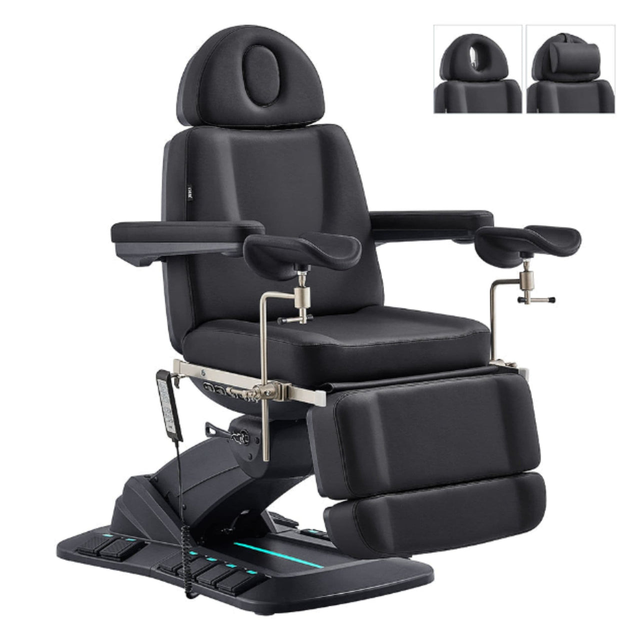 DIR Geneva 4-Motors Exam Table with Stirrups - OB GYN Black Front Angled View With LED Base Lighting On White Background