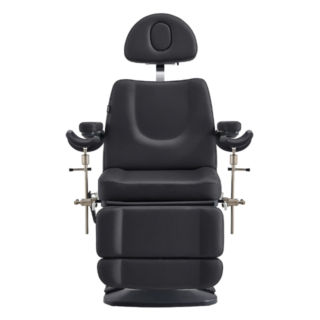 DIR Geneva 4-Motors Exam Table with Stirrups - OB GYN Black Front View With Raised Stirrups On White Background