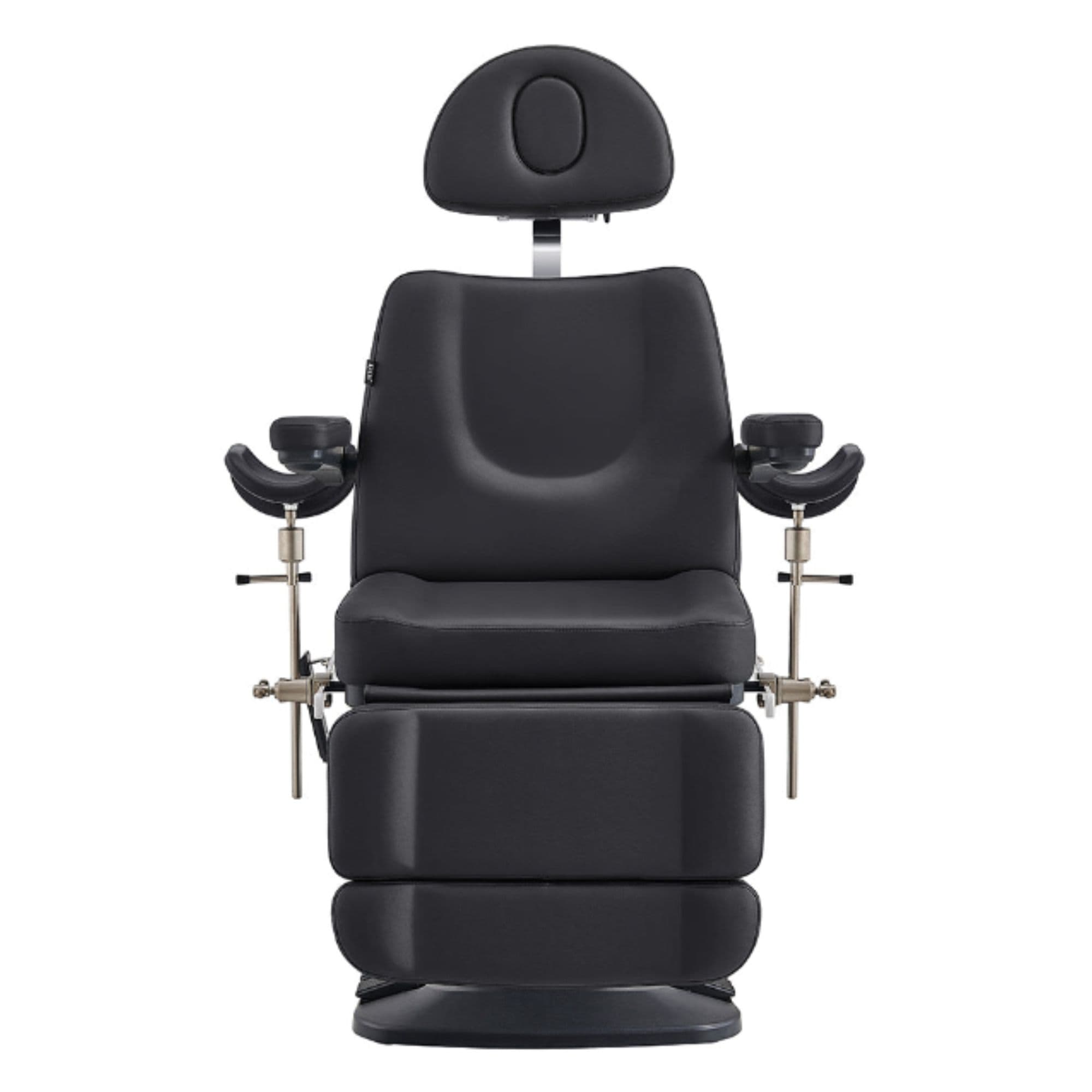 DIR Geneva 4-Motors Exam Table with Stirrups - OB GYN Black Front View With Raised Stirrups On White Background