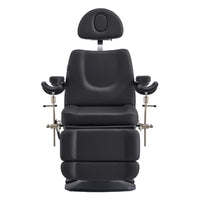 Thumbnail for DIR Geneva 4-Motors Exam Table with Stirrups - OB GYN Black Front View With Raised Stirrups On White Background