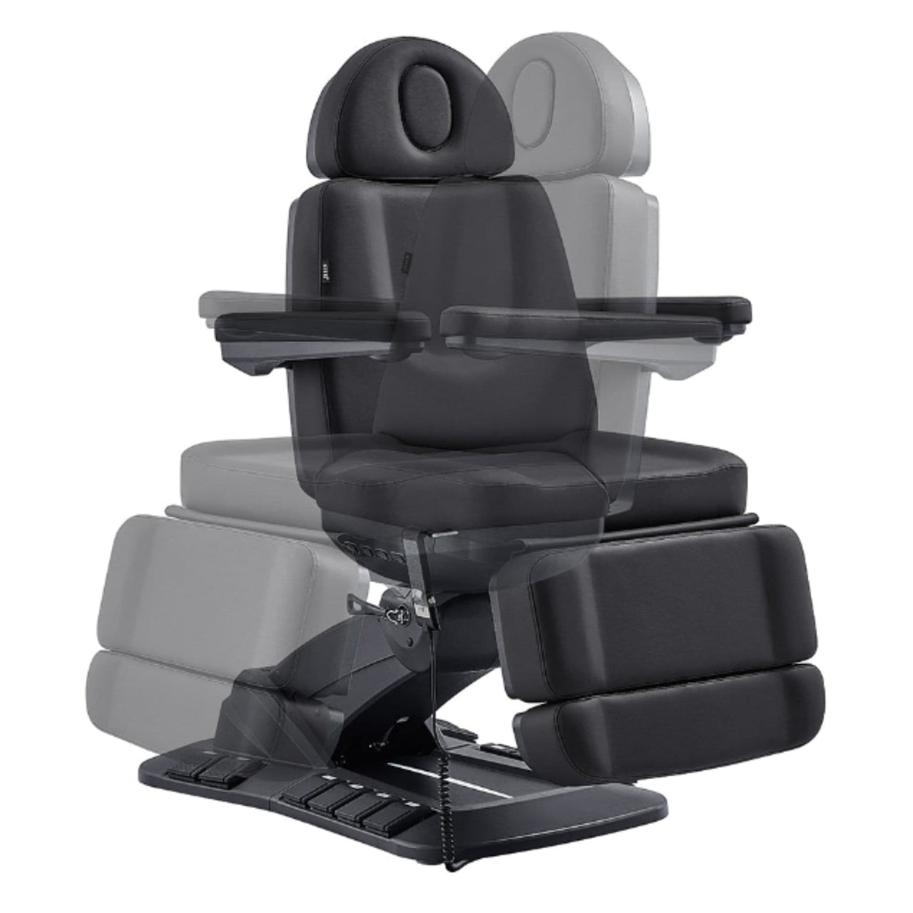 DIR Geneva 4-Motors Exam Table with Stirrups - OB GYN Black Front View With Swivel Rotation Demonstration On White Background