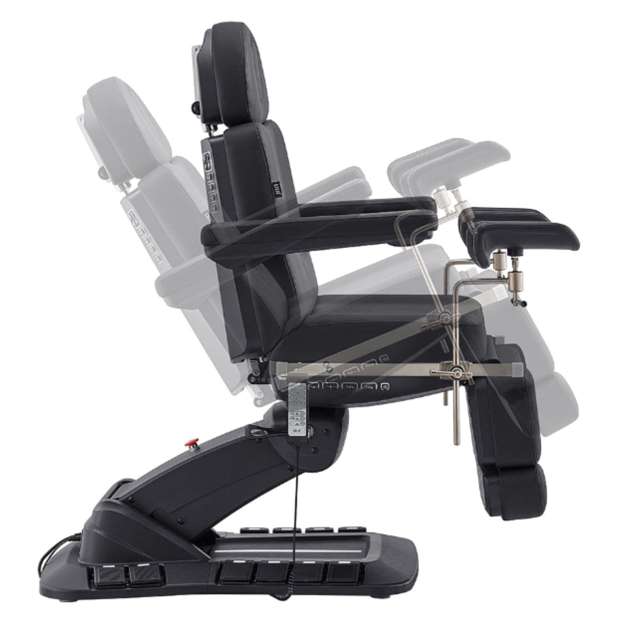 DIR Geneva 4-Motors Exam Table with Stirrups - OB GYN Black Side View Demonstrating Chair And Stirrup Adjustment Positions On White Background