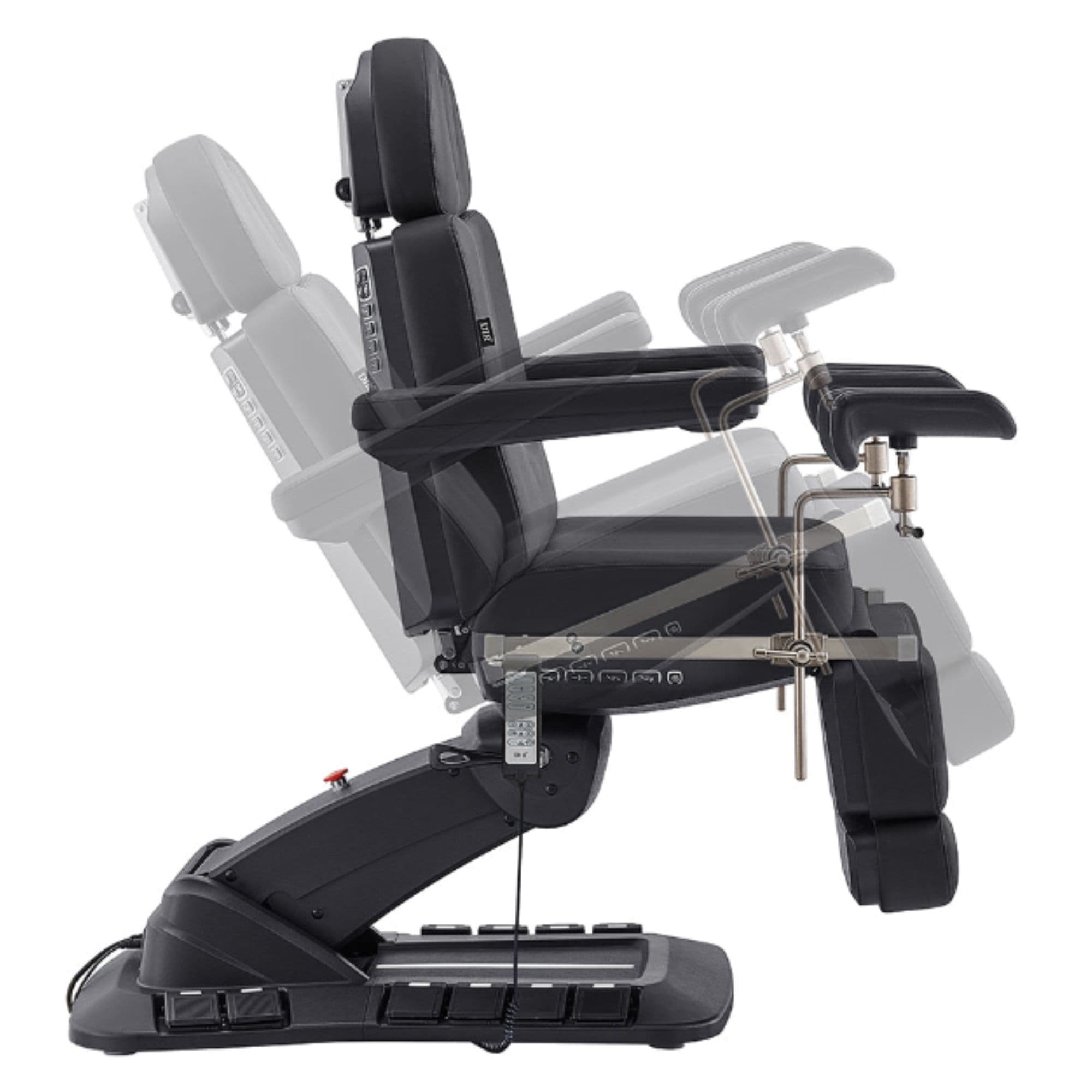DIR Geneva 4-Motors Exam Table with Stirrups - OB GYN Black Side View Demonstrating Chair And Stirrup Adjustment Positions On White Background