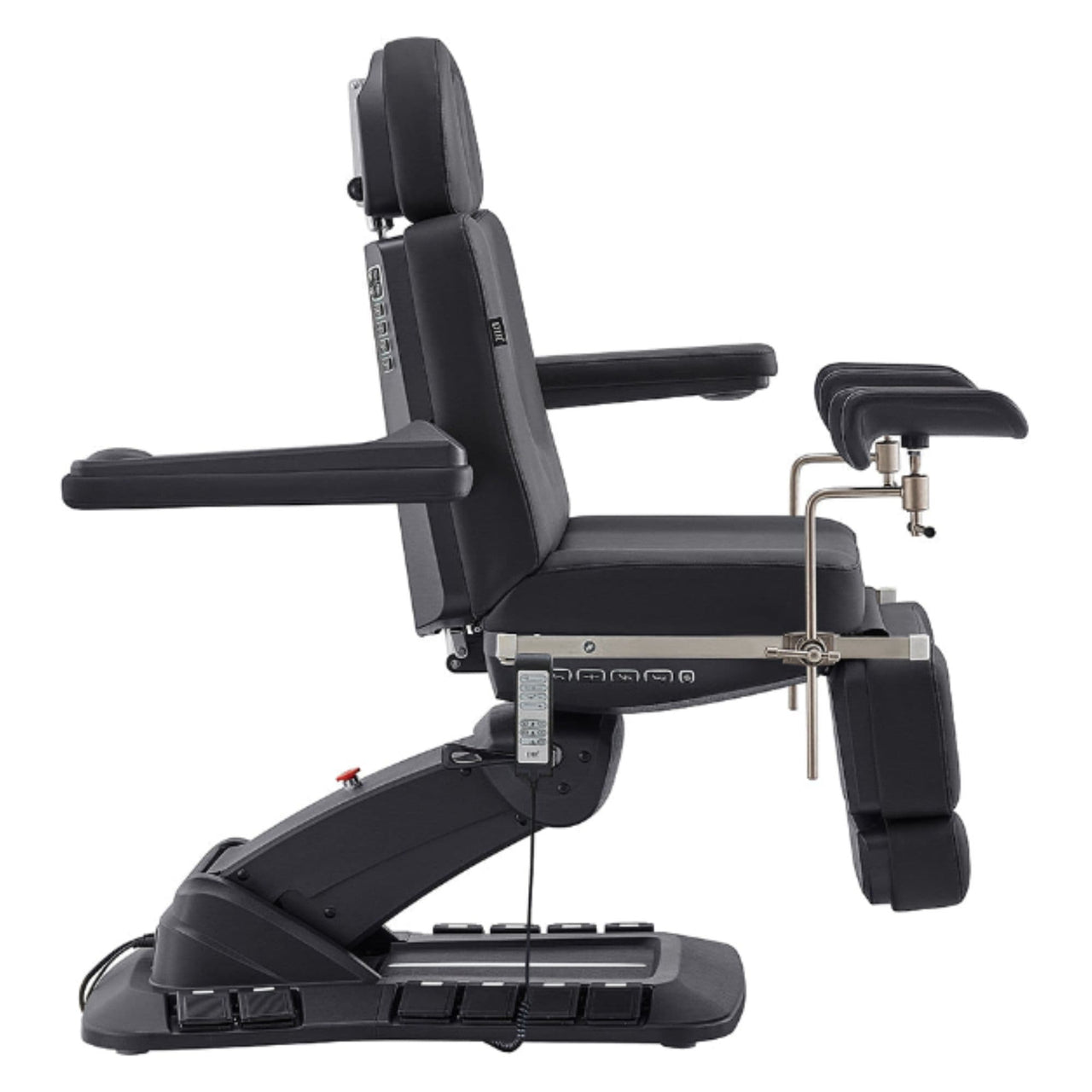 DIR Geneva 4-Motors Exam Table with Stirrups - OB GYN Black Side View Showing Swing-Away Armrest Position On White Background