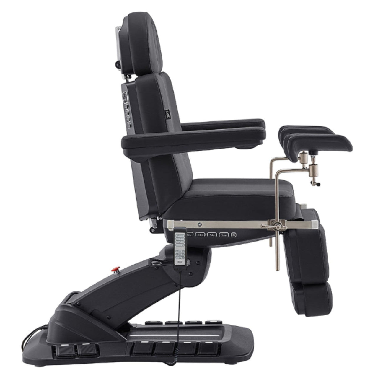DIR Geneva 4-Motors Exam Table with Stirrups - OB GYN Black Side View With Foot Pedal And Remote Control On White Background