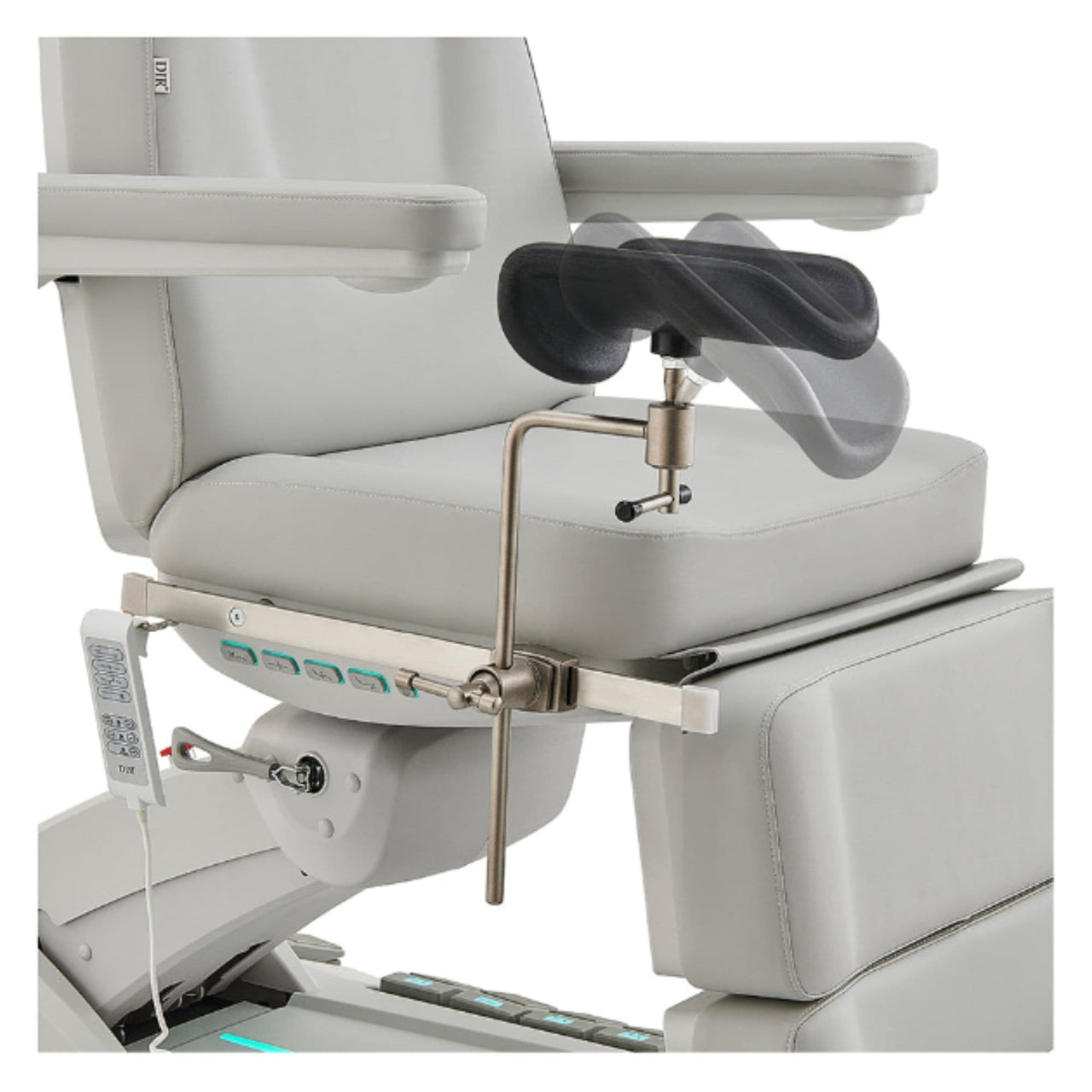 DIR Geneva 4-Motors Exam Table with Stirrups - OB GYN Gray Close-Up View Of Pivoting Stirrup Support Adjustment