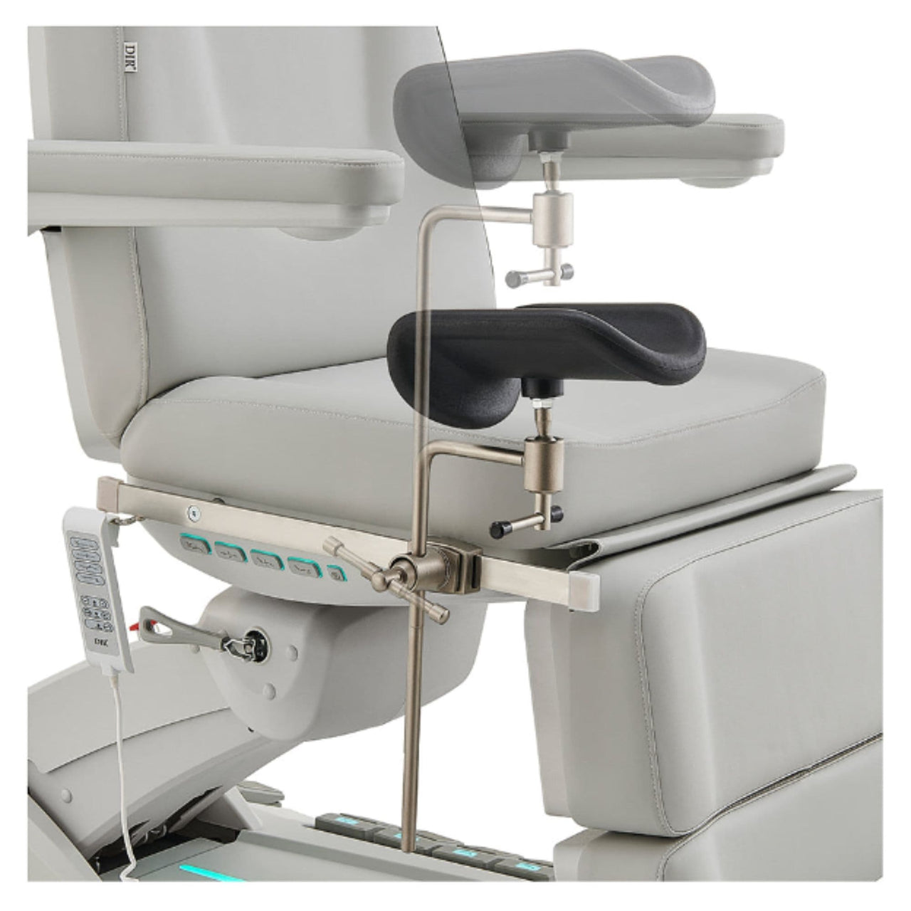 DIR Geneva 4-Motors Exam Table with Stirrups - OB GYN Gray Close-Up View Showing Adjustable Stirrup Positions On White Background
