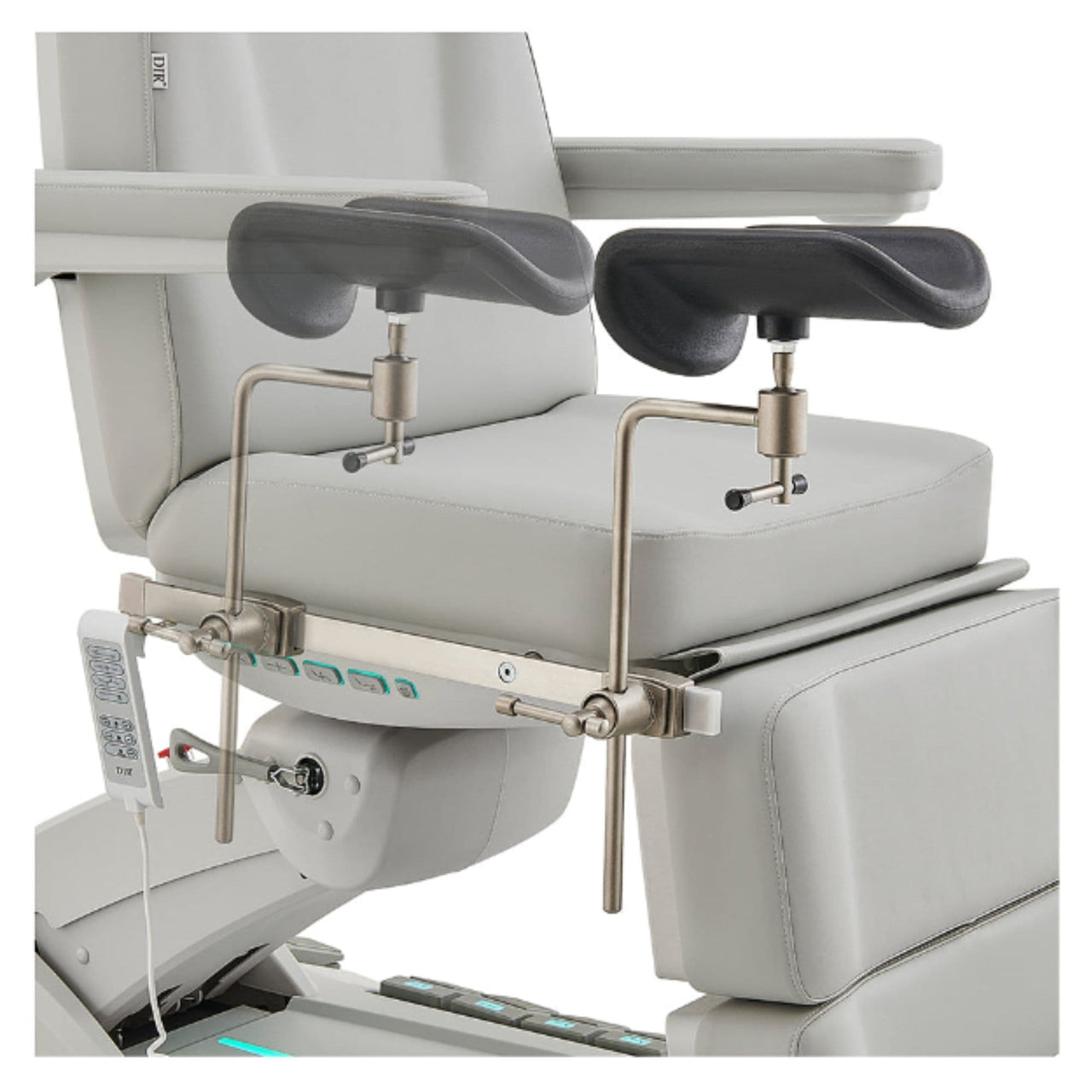 DIR Geneva 4-Motors Exam Table with Stirrups - OB GYN Gray Close-Up View Showing Adjustable Stirrup Width Positions On White Background
