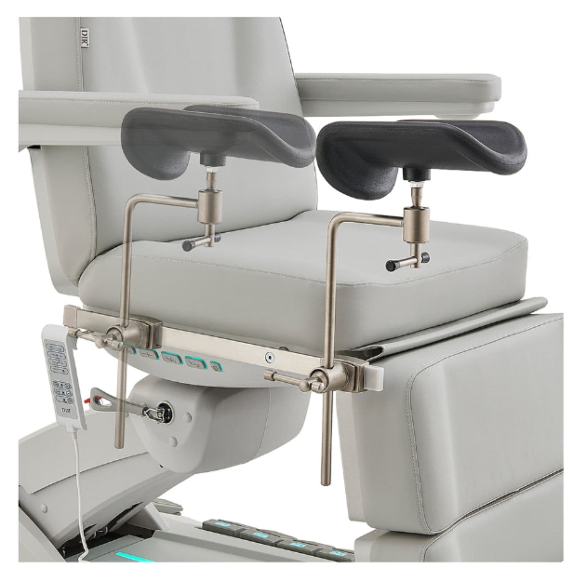 DIR Geneva 4-Motors Exam Table with Stirrups - OB GYN Gray Close-Up View Showing Adjustable Stirrup Width Positions On White Background