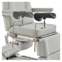 Thumbnail for DIR Geneva 4-Motors Exam Table with Stirrups - OB GYN Gray Close-Up View Showing Adjustable Stirrup Width Positions On White Background