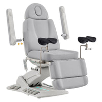 Thumbnail for DIR Geneva 4-Motors Exam Table with Stirrups - OB GYN Gray Front Angled View Showing Adjustable Armrest Positions On White Background