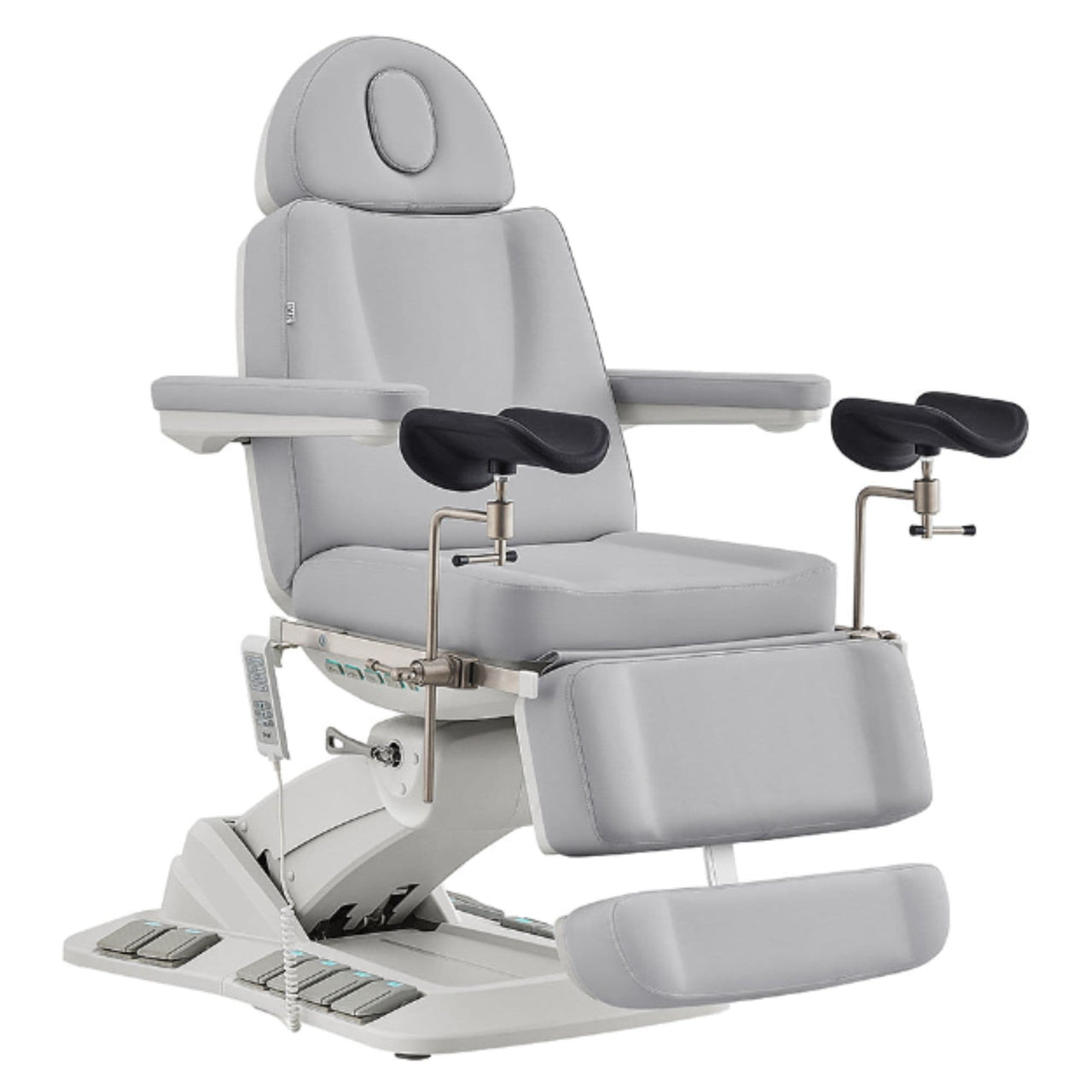 DIR Geneva 4-Motors Exam Table with Stirrups - OB GYN Gray Front Angled View Showing Extended Footrest On White Background