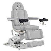 Thumbnail for DIR Geneva 4-Motors Exam Table with Stirrups - OB GYN Gray Front Angled View Showing Extended Footrest On White Background