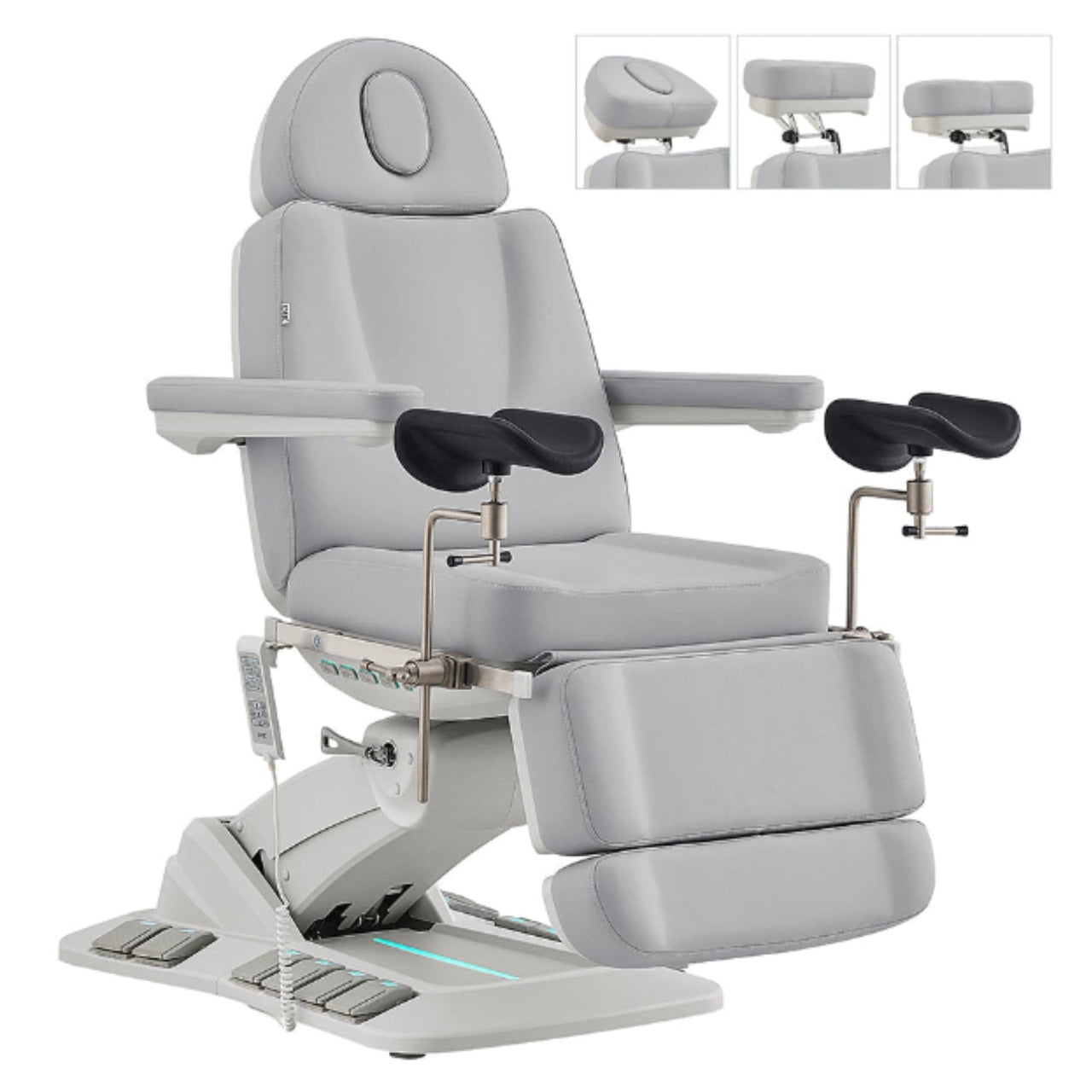DIR Geneva 4-Motors Exam Table with Stirrups - OB GYN Gray Front Angled View With Adjustable Headrest And Stirrups On White Background