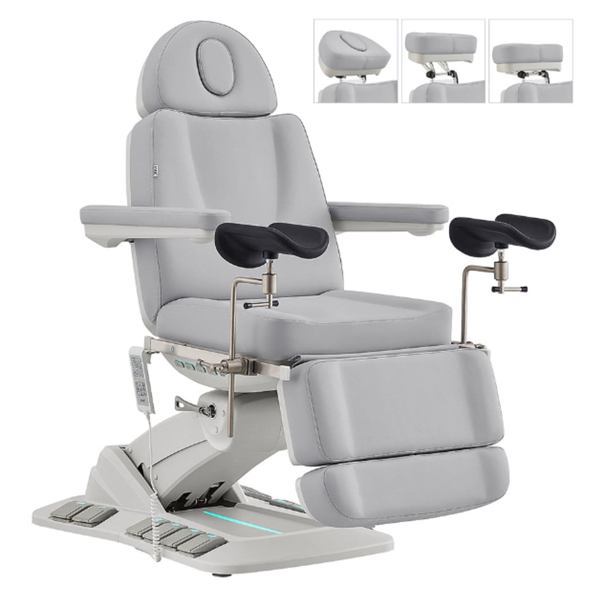 DIR Geneva 4-Motors Exam Table with Stirrups - OB GYN Gray Front Angled View With Adjustable Headrest And Stirrups On White Background