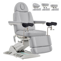 Thumbnail for DIR Geneva 4-Motors Exam Table with Stirrups - OB GYN Gray Front Angled View With Adjustable Headrest And Stirrups On White Background