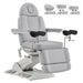DIR Geneva 4-Motors Exam Table with Stirrups - OB GYN Gray Front Angled View With Adjustable Headrest And Stirrups On White Background