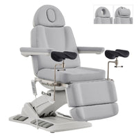 Thumbnail for DIR Geneva 4-Motors Exam Table with Stirrups - OB GYN Gray Front Angled View With Adjustable Stirrups And Foot Controls On White Background