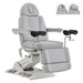DIR Geneva 4-Motors Exam Table with Stirrups - OB GYN Gray Front Angled View With Adjustable Stirrups And Foot Controls On White Background