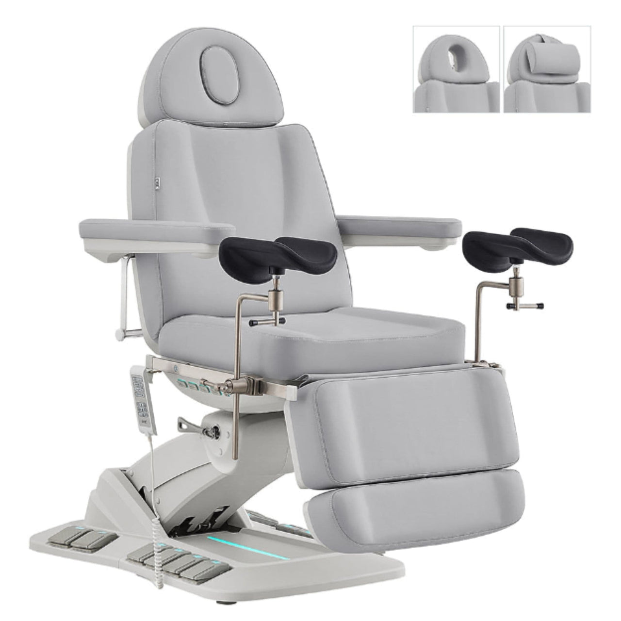 DIR Geneva 4-Motors Exam Table with Stirrups - OB GYN Gray Front Angled View With LED Base Lighting On White Background